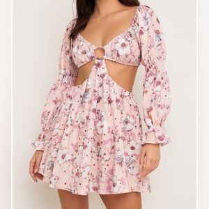 Alamour The Label Pink Floral Cutout Ruched Long Sleeve Mini Dress